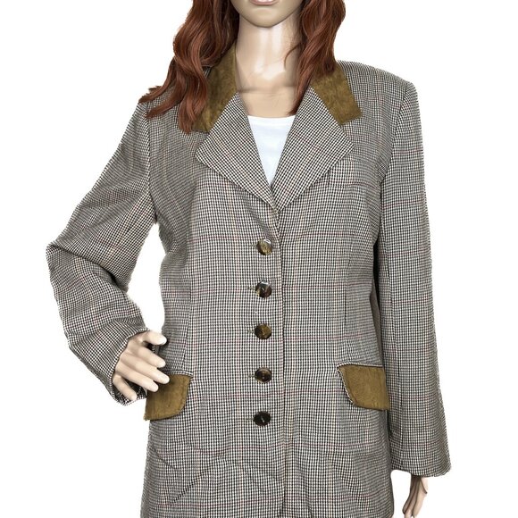 British Khaki Jackets & Blazers - Vintage British Khaki 100% Wool Houndstooth Faux Suede Suit Career Jacket Size 8